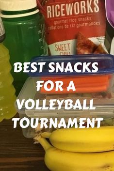 the best snacks for a volleyball tournament are in plastic containers with bananas and other sports related items