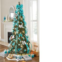 a decorated christmas tree with blue ribbons and bows