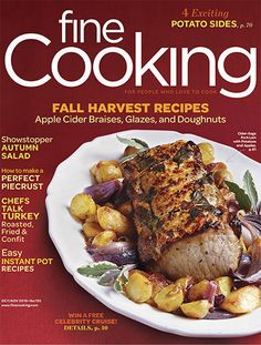 the cover of fine cooking magazine features meat and potatoes on a white plate with red background