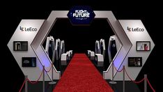 a red carpeted area with white walls and doors on each side that have the words star wars future