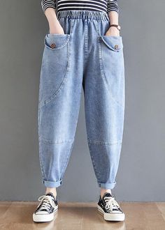 French Blue Women Pants Spring Elastic Waist Fabrics Wild TrousersStyle Black Jeans Slim Spring Casual Design Pants Stripe Pants Outfit, Loose Linen Pants, Cotton Pants Women, Striped Linen Pants, Design Pants, Color Combos Outfit, Women Blouses Fashion, Elegant Blouse Designs, Modesty Fashion