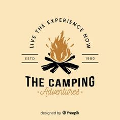 the camping adventure logo is shown on a beige background with black and white lettering that reads live the experience now