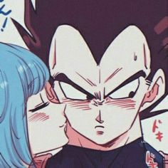 an anime character with blue hair and glasses looking at another person's face in the background