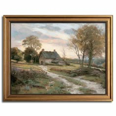 a painting of a country road with a house in the background