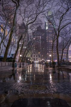 a city street with lots of trees and buildings in the background at night, on a rainy day