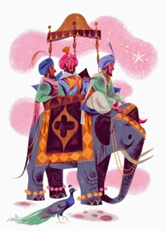 two men riding on the back of an elephant next to a bird in front of them