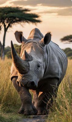 a rhinoceros is walking through the tall grass