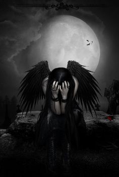 a woman with wings covering her face in front of a full moon