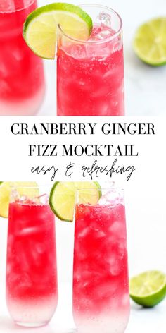 cranberry ginger fizz mock cocktail with limes and ice on the side