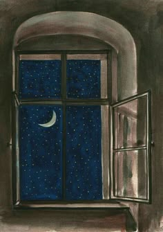 an image of a window with a crescent moon in the night sky and stars on it