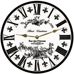 a black and white clock with roman numerals on it's face that says rue des princess de paris