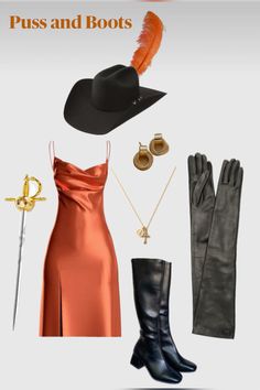 a woman's outfit and accessories including boots, hat, gloves, bracelets