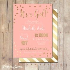 it's a girl baby shower card with gold stripes and dots on pink paper