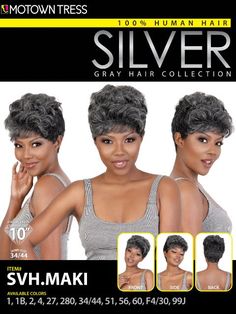 Silver Gray Hair Collection SVH.MAKI Wig. 100% Human Hair. Approximately 9" inches long. Color shown is 34/44. Crown Lace Top. Hand-Tied Wig. Comes with average size cap. Looks more realistic. Cap comes with front and back combs. Manufactured by Motown Tress. Silver Gray Hair, Back Combing, Hair Silver, Silver Grey Hair, Hair Collection, Gray Hair, Silver Hair, 100 Human Hair, Color Show