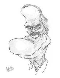 a caricature drawing of a man with his arm around the neck and face