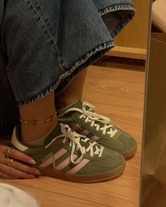 #shoes #adidas Strawberry Matcha Gazelle Adidas, Strawberry Matcha Gazelle, Green Gazelles Outfit, Green Gazelle Adidas Outfit, Aesthetic Trainers, Green Adidas Shoes Outfit, Adidas Samba Green, Adidas Shoes Green, Green Sambas