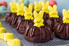 chocolate bundt cakes decorated with peep holes on a cooling rack