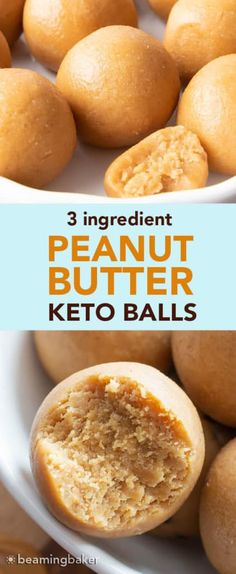 three ingredient peanut butter keto balls on a white plate with text overlay that reads, 3 ingredient peanut butter keto balls