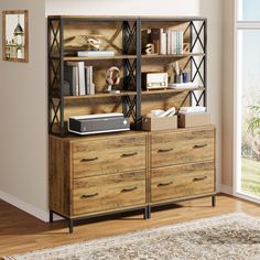 a bookcase with drawers and books on it in front of a large window, next to a rug