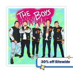 the boys sticker is shown with an image of three men in black and white jackets