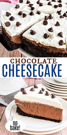 chocolate cheesecake with white frosting and chocolate chips in the middle on a plate