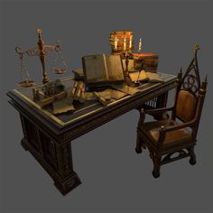 an old fashioned desk with books and other items on it, including a scale judge's chair