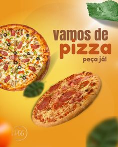 two pizzas sitting next to each other on top of a yellow background with the words vamos de pizza pecaj