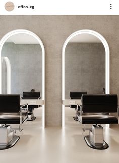 the interior of a hair salon with mirrors and chairs in front of them, along with two arched doorways