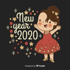 a girl in a red dress with stars around her and the words new year 2020