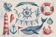 watercolor painting of marine life with lighthouse, anchor, crab, whale and other items