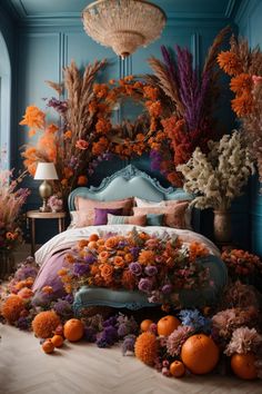 a bed covered in lots of flowers and oranges