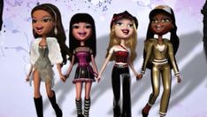 five dolls are standing next to each other in front of a purple and white background