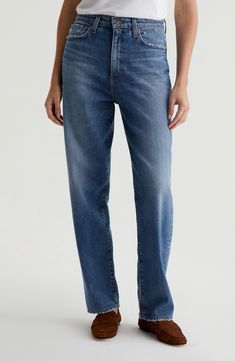 Taking inspiration from vintage styles, these superhigh-rise jeans are made from premium Italian stretch denim in a relaxed fit through the hips and thighs. 28 1/2" inseam; 15" leg opening; 11 3/4" front rise Zip fly with button closure Five-pocket style 98% cotton, 2% elastane Machine wash, tumble dry Imported Leggings And Socks, Ag Jeans, Knitwear Dress, Nudie Jeans, Straight Fit Jeans, Frame Denim, Premium Denim, Denim Women, Jeans Fit