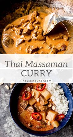 thai curry in a blue bowl with rice and meat on the side, next to a spoon