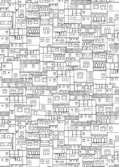 a black and white drawing of many houses