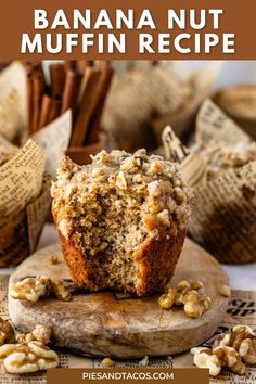 a banana nut muffin sitting on top of a wooden cutting board