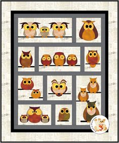 an owl themed quilt with many different owls on the front and back, all in various colors