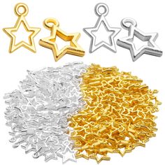 PRICES MAY VARY. PACKAGE CONTENT: You will get totally 200 pcs hollow star charms pendants in golden and bright silver, each color 100 pcs, which can fully meet your jewelry making needs. SIZE INFORMATION: This flat star charm takes on the shape of a simple star with five points. Both sides are smooth and flat. Each one measures about 13 x 10 mm. GOOD MATERIAL: These mini star pendant charms are made of quality alloy, practical and durable, not easy to rust or fade, safe to use, ideal supplies f Pentagram Pendant, Charms For Jewelry Making, Exotic Fashion, Golden Star, Jewelry Making Charms, Cute Charms, Star Charms, Star Pendant, Silver Stars