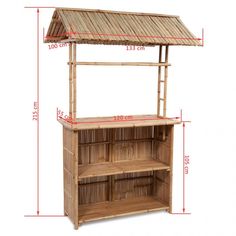 a wooden shelf with a roof on top and shelves below it, measurements for each shelf