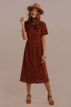 Red Short Sleeve Round Neck Tie Waist Dot Midi Dress With Button Dressy Casual Dresses, Autumn Dresses Casual, Red Fall Dress, Missionary Dresses, Engagement Clothes, Movie Core, Christian Modesty, Modest Dressing, Pentecostal Fashion