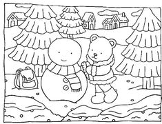 a black and white drawing of a snowman with a teddy bear in the background