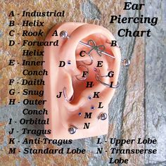 an ear piercing chart is shown on a stone surface with other words in the background