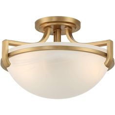 a semi - flush ceiling light fixture with an etched glass shade and gold trimming