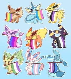 the pokemon stickers are all different colors and sizes, including one with a rainbow tail