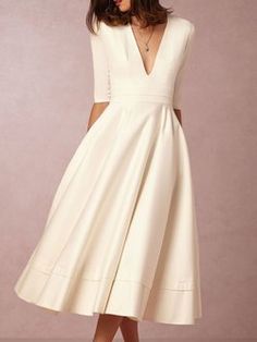 Vestido midi una línea diaria media manga vestido sexy Solid Midi Dress, Robes D'occasion, Elegant Ball Gowns, Midi Skater Dress, Party Kleidung, Evening Gowns Elegant, Little White Dresses, Vestido Casual, Dress Silhouette