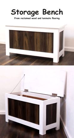 the storage bench is made from reclaimed wood and laminate flooring