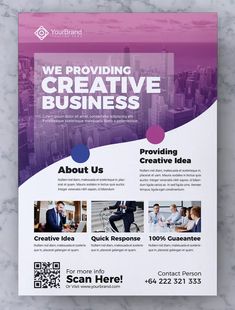 a purple and white business flyer