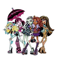 three cartoon girls with umbrellas standing next to each other in front of a white background