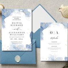 an elegant wedding suite with blue and white watercolors