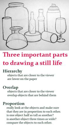 there are three important parts to drawing a still life text below is an image of bottles and vases